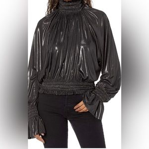 Norma Kamali peasant women’s turtleneck top XL new black metallic